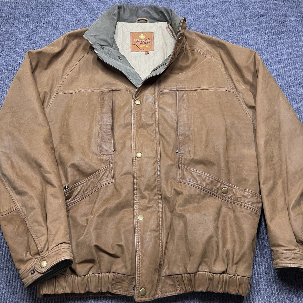The Territory Ahead Vintage Leather Jacket Men's XL flannel Hooded Brown Bomber